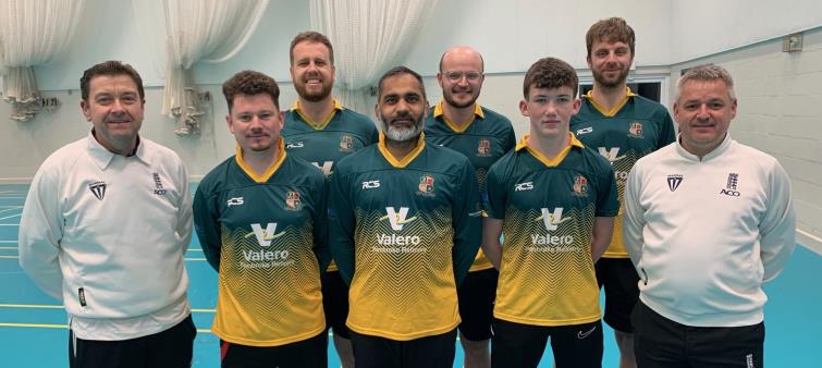 Pembroke, with umpires Huw Simpkins and Neill Crawshaw